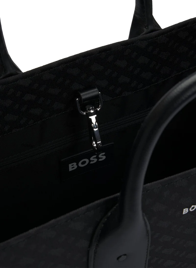 BOSS Monogram-twill tote bag with faux-leather trims