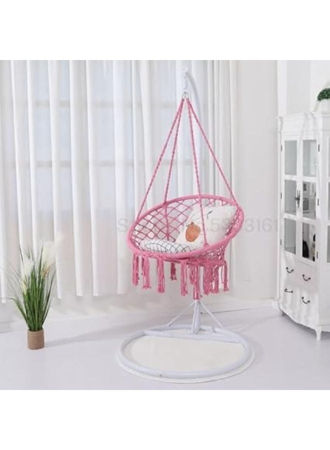 هارموني هوم كرسي الأرجوحة من هارموني هوم، 80×59×2.5 إنش، أرجوحة معلقة ماكرامي مع وسادة، تتحمل حتى 330 رطلاً، كرسي حبال قطني وردي للاستخدام الداخلي والخارجي، غرفة النوم، الفناء، الحديقة، والشرفة - Image 2