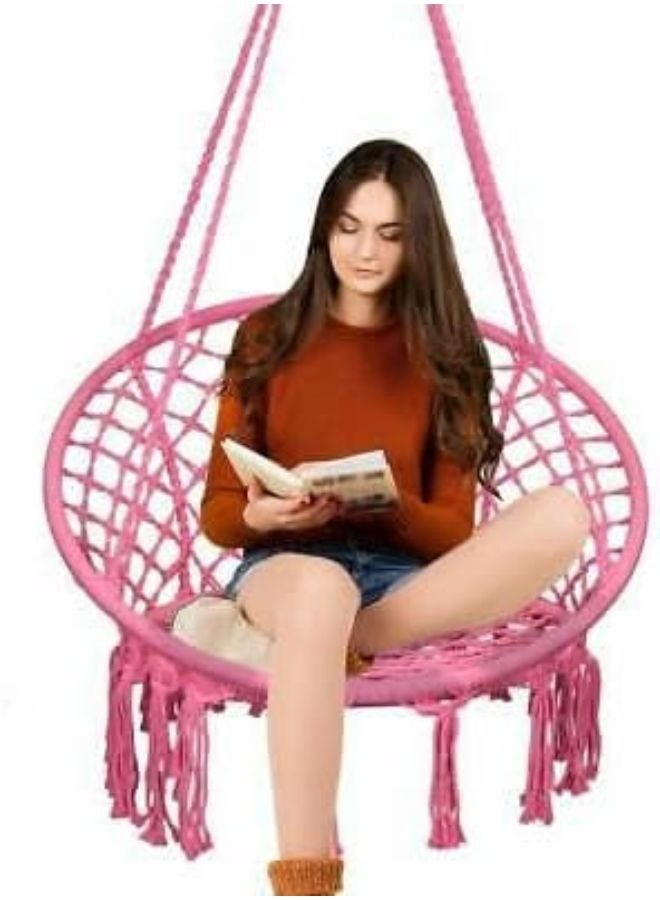 هارموني هوم كرسي الأرجوحة من هارموني هوم، 80×59×2.5 إنش، أرجوحة معلقة ماكرامي مع وسادة، تتحمل حتى 330 رطلاً، كرسي حبال قطني وردي للاستخدام الداخلي والخارجي، غرفة النوم، الفناء، الحديقة، والشرفة - Image 4