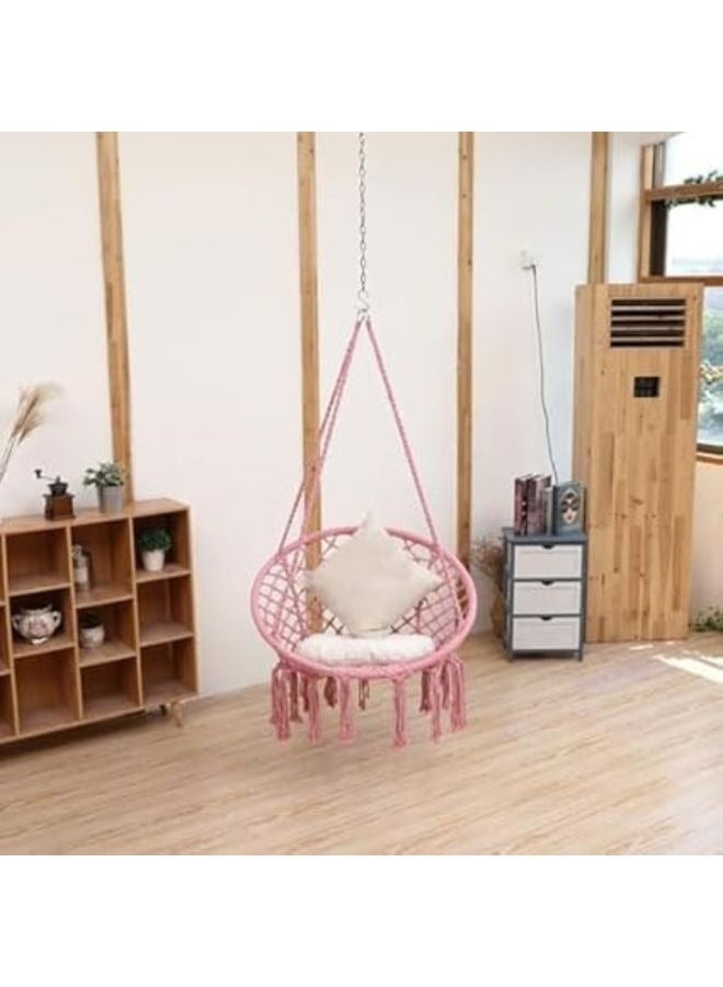 هارموني هوم كرسي الأرجوحة من هارموني هوم، 80×59×2.5 إنش، أرجوحة معلقة ماكرامي مع وسادة، تتحمل حتى 330 رطلاً، كرسي حبال قطني وردي للاستخدام الداخلي والخارجي، غرفة النوم، الفناء، الحديقة، والشرفة - Image 5