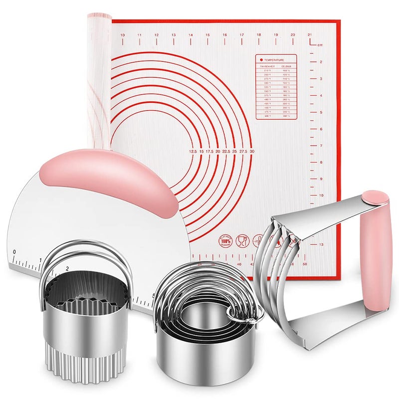 Stainless Steel Biscuit  Dough Cutter Set  5 PcsPink Silicone Baking Mats Pastry Blender