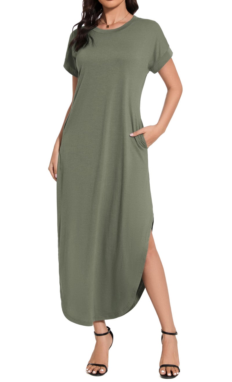 Jeqeocafy Women Summer Long Sundress Crewneck Short Sleeve Maxi Dress 2026 Casual Loose Beach Dress with Pockets - Image 2