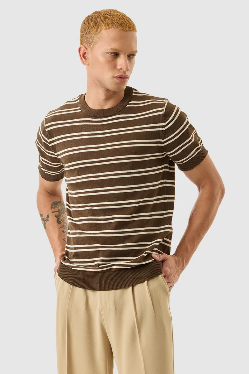 SNITCH Brown Stripes Slim Fit T-Shirt