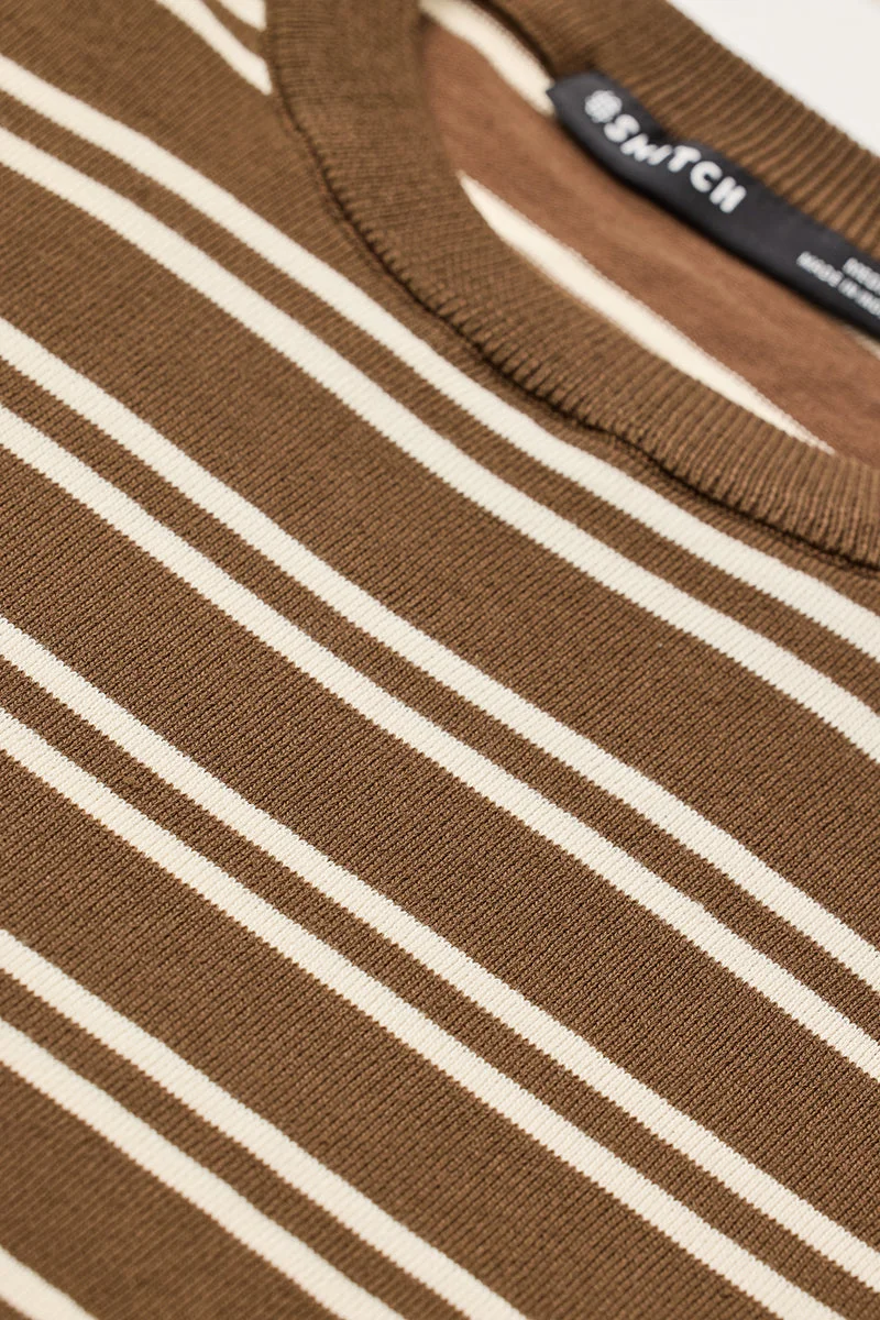 SNITCH Brown Stripes Slim Fit T-Shirt