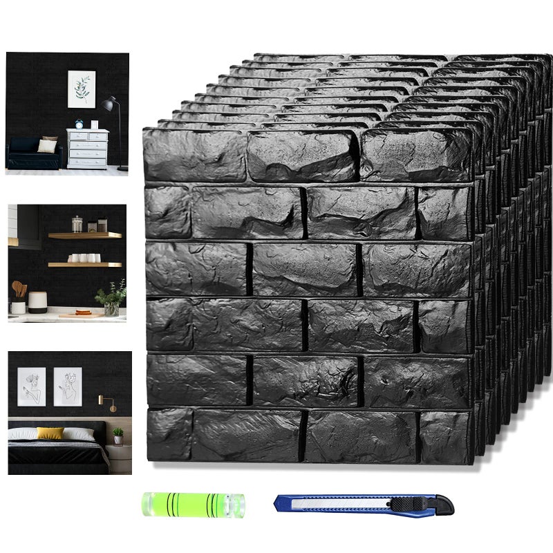 Circloophs 20 Pcs 3d Wall Panels Stick and Peel Black Brick Printable Faux Paneling Self Adhesive Waterproof 3d Wallpaper Stick and Peel for Bedroom Bathroom Kitchen Fireplace 1938 sq feet Coverage
