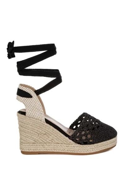 London Rag Woven Lace-Up Espadrille Wedges  in Black