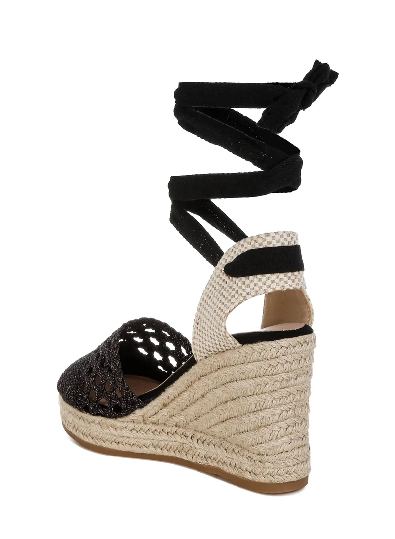 London Rag Woven Lace-Up Espadrille Wedges  in Black