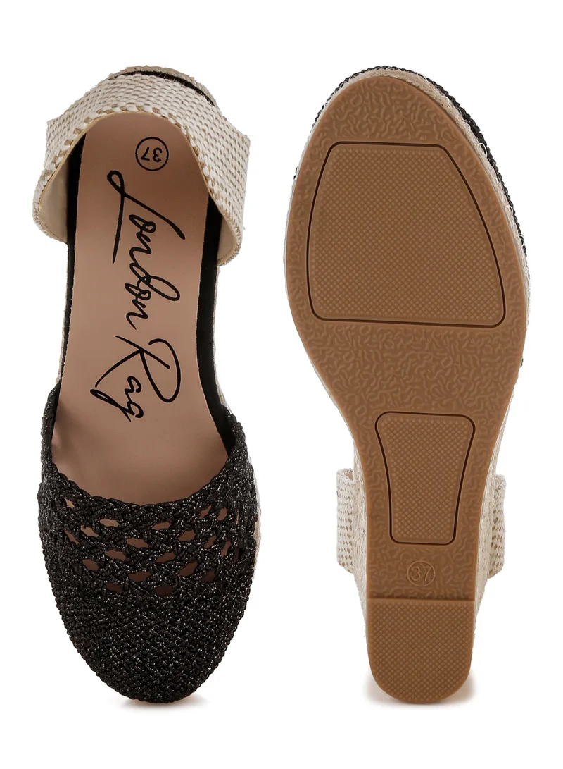 London Rag Woven Lace-Up Espadrille Wedges  in Black