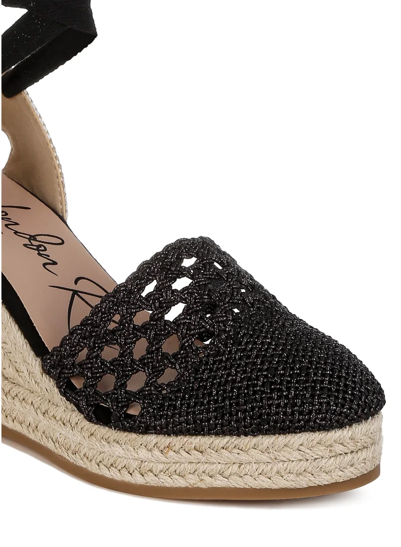 London Rag Woven Lace-Up Espadrille Wedges  in Black