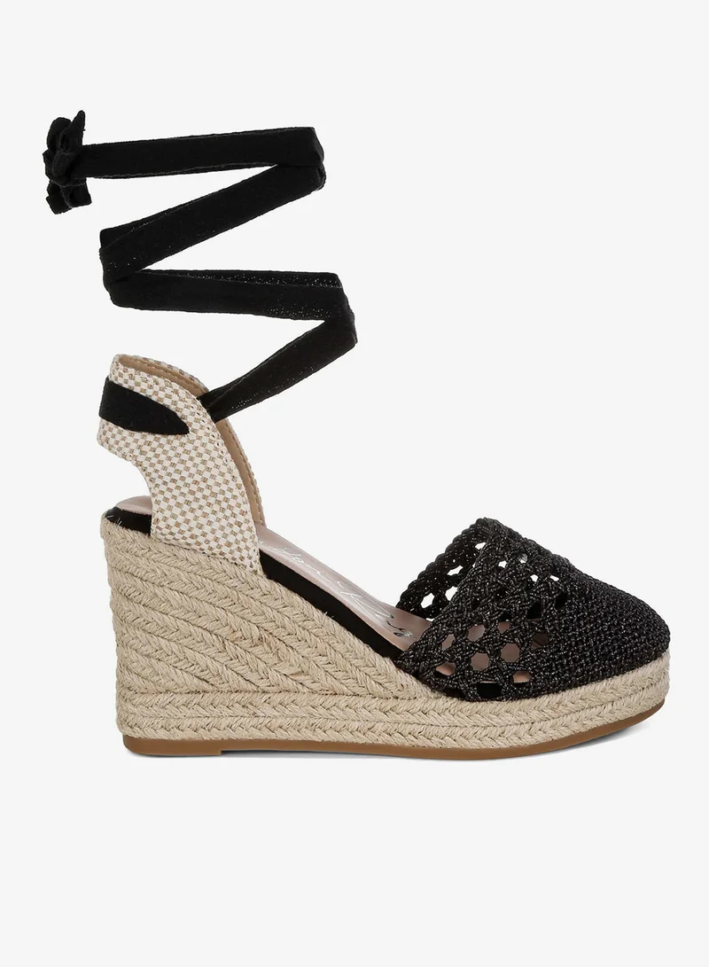 Woven Lace-Up Espadrille Wedges  in Black