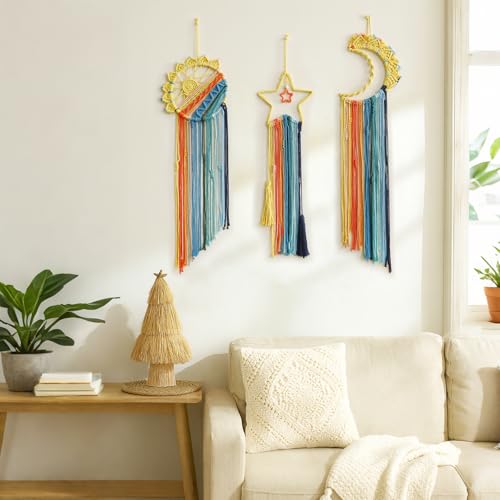 Artilady 3 Pack Macrame Hanging Tapestry Wall Art Set Boho Woven Tapestries Sun Moon Star Large Dream Catcher Coloful Wall Decor Bedroom Aesthetic Living Room Decor (Orange Blue Mix) - Image 2