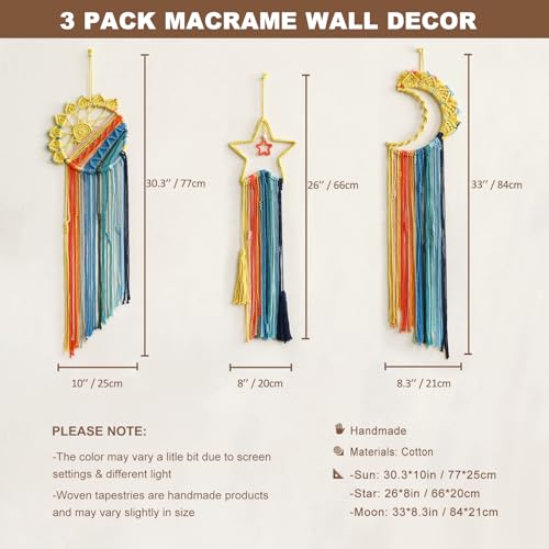Artilady 3 Pack Macrame Hanging Tapestry Wall Art Set Boho Woven Tapestries Sun Moon Star Large Dream Catcher Coloful Wall Decor Bedroom Aesthetic Living Room Decor (Orange Blue Mix) - Image 4