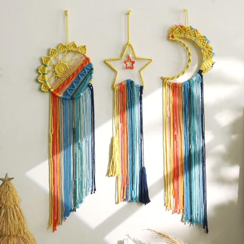Artilady 3 Pack Macrame Hanging Tapestry Wall Art Set Boho Woven Tapestries Sun Moon Star Large Dream Catcher Coloful Wall Decor Bedroom Aesthetic Living Room Decor (Orange Blue Mix) - Image 1