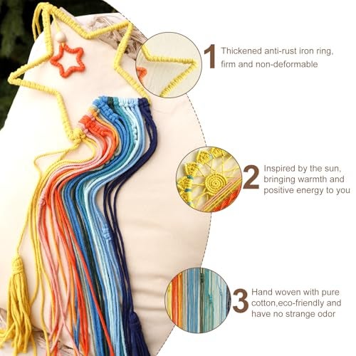 Artilady 3 Pack Macrame Hanging Tapestry Wall Art Set Boho Woven Tapestries Sun Moon Star Large Dream Catcher Coloful Wall Decor Bedroom Aesthetic Living Room Decor (Orange Blue Mix) - Image 3