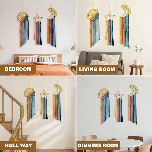 Artilady 3 Pack Macrame Hanging Tapestry Wall Art Set Boho Woven Tapestries Sun Moon Star Large Dream Catcher Coloful Wall Decor Bedroom Aesthetic Living Room Decor (Orange Blue Mix) - Image 5