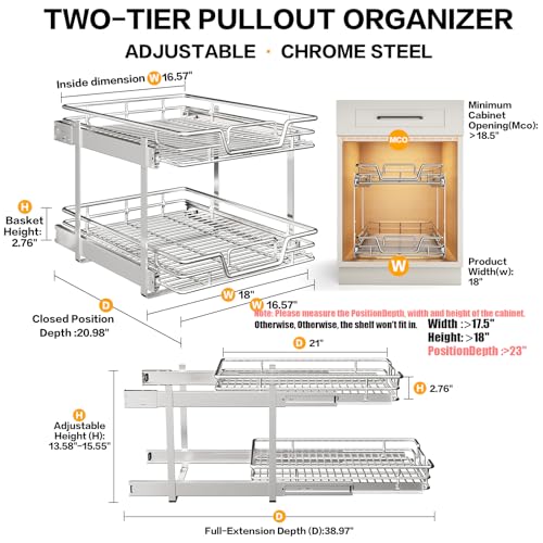QUYUWU 2-Tier Kitchen Cabinet Pull Out Shelf and Drawer Organizer Slide Out Pantry Storaqe Basket in Multiple Sizes (18" W x 21" D) - Image 2