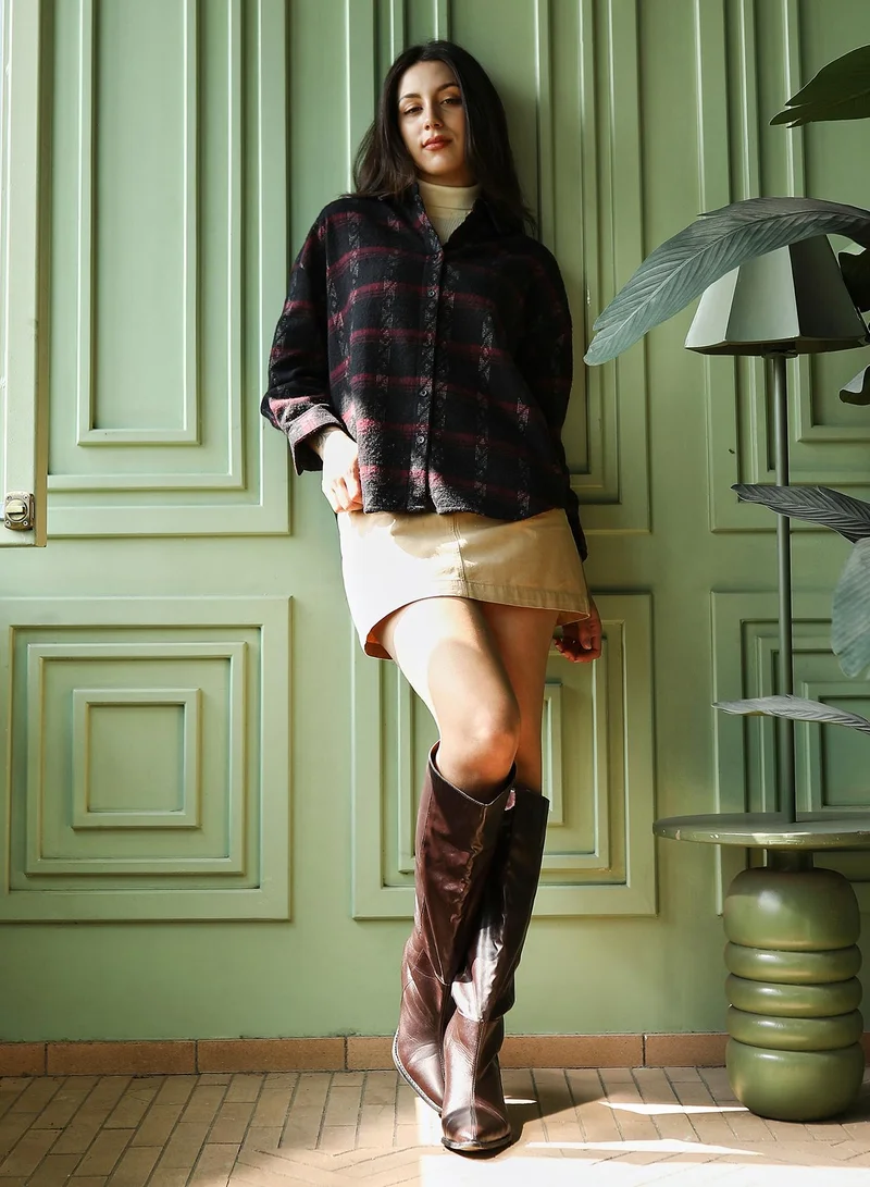 Pinacolada  Women's Wine Red & Midnight Black Folk-Plaid Oversized Shirt for Women | Best Price UAE