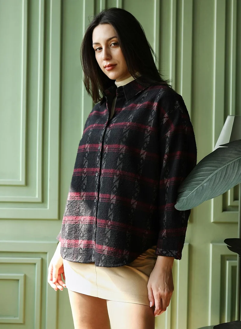 Pinacolada  Women's Wine Red & Midnight Black Folk-Plaid Oversized Shirt for Women | Best Price UAE