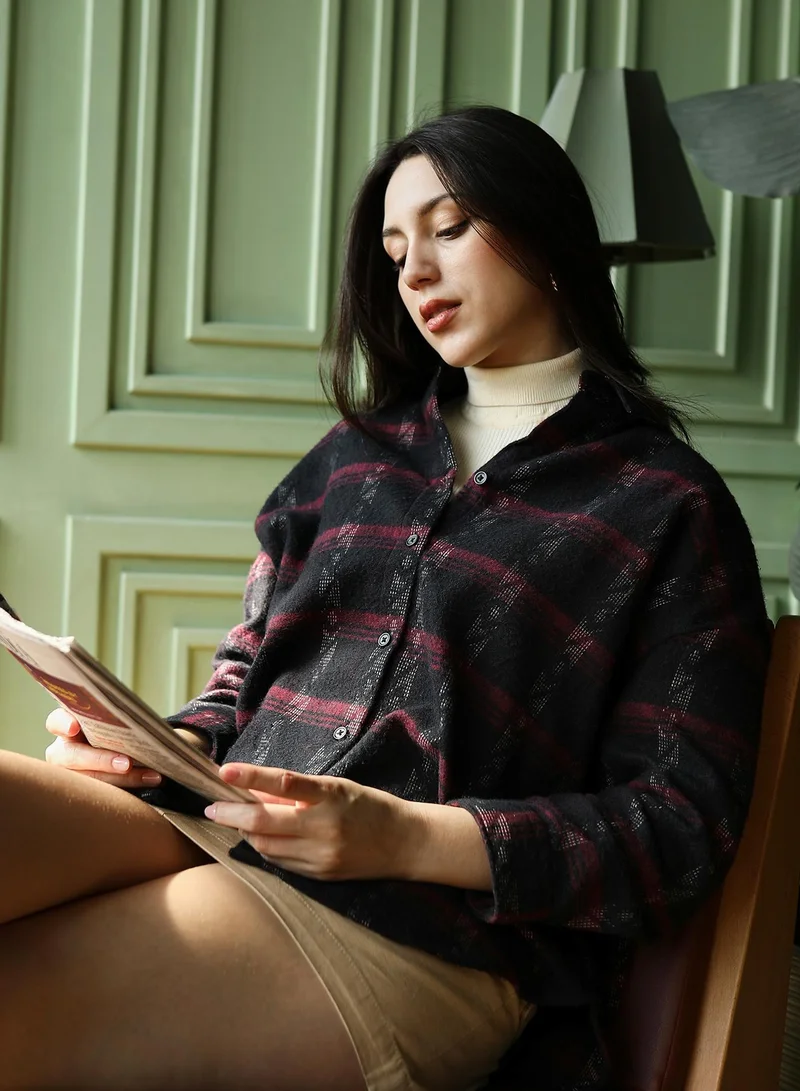 Women's Wine Red & Midnight Black Folk-Plaid Oversized Shirt