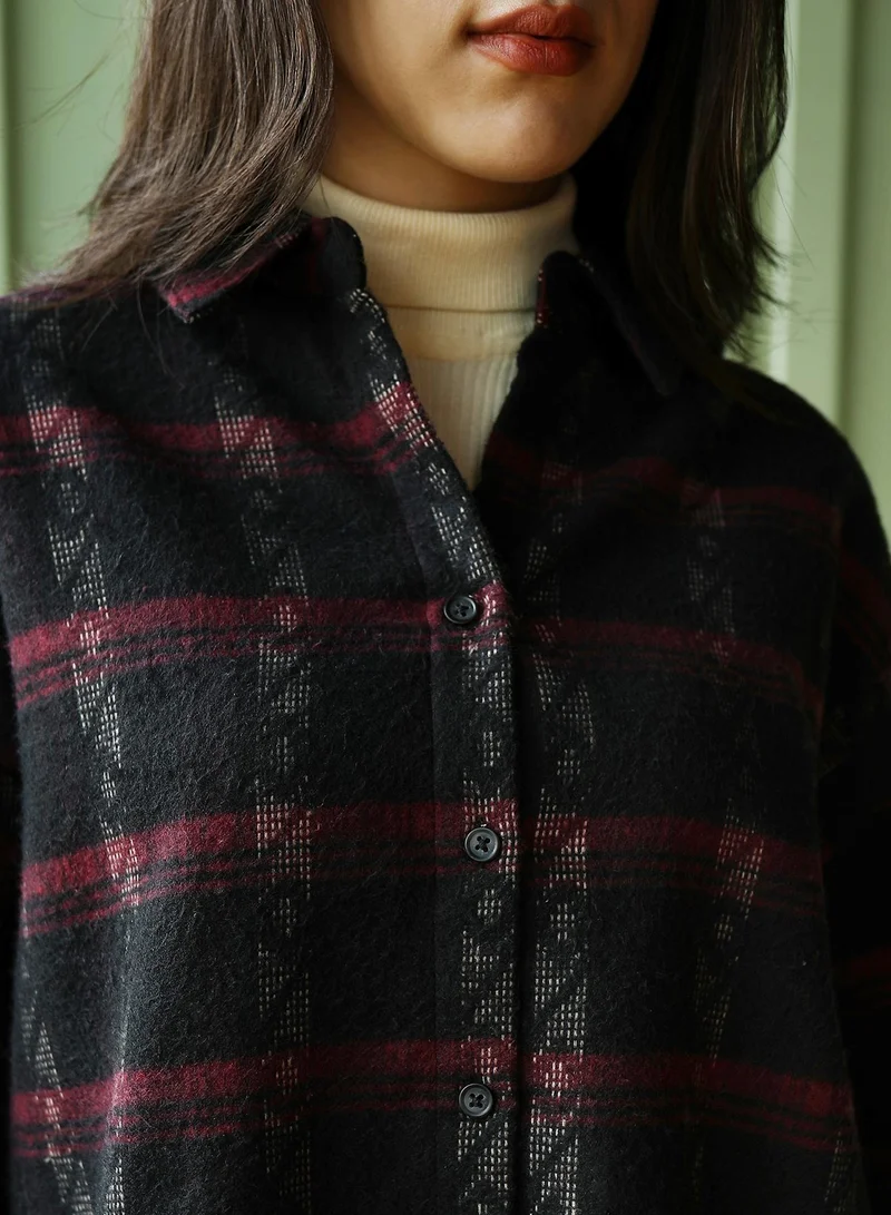 Pinacolada  Women's Wine Red & Midnight Black Folk-Plaid Oversized Shirt for Women | Best Price UAE