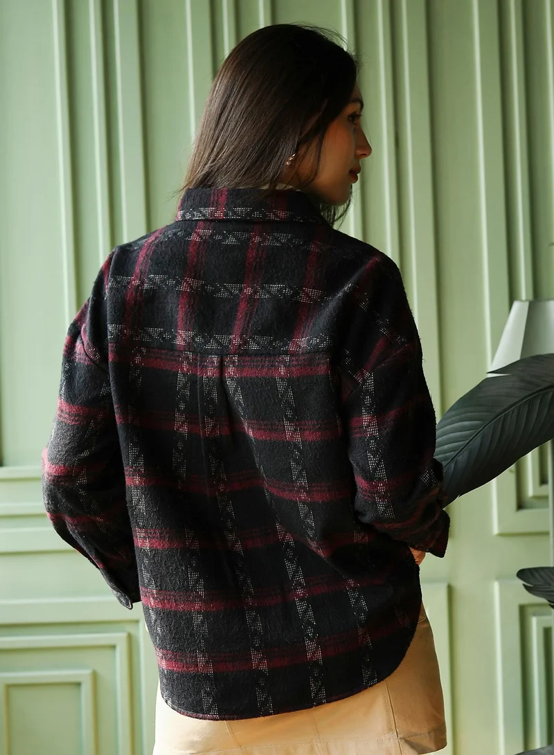 Pinacolada  Women's Wine Red & Midnight Black Folk-Plaid Oversized Shirt for Women | Best Price UAE