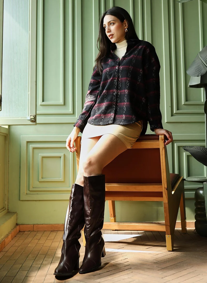 Pinacolada  Women's Wine Red & Midnight Black Folk-Plaid Oversized Shirt for Women | Best Price UAE