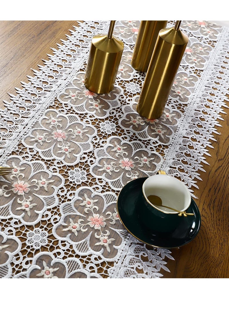 SYOSI Lace Table Runner Rectangular White Cotton Linen Fabric Dresser Scarf with Delicate Lace Embroidered Table Runner for Kitchen Home Wedding Party Dining Room Decor, White 15 in x 72 in  - Image 4