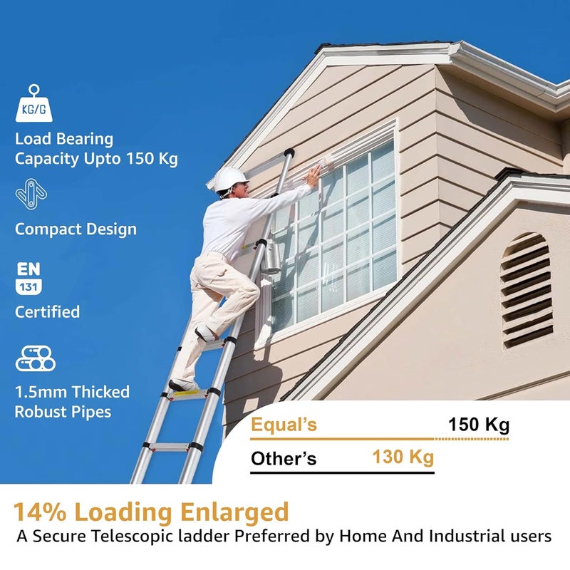 Equal سلم تلسكوبي قابل للطي من الألمنيوم بطول 8.5 قدم مع 2 مثبت مثلث | معتمد EN131 مع ضمان لمدة سنتين | سعة قصوى 150 كجم | سلم قابل للطي للاستخدام المنزلي أو الخارجي (2.5م/8 خطوات) - Image 2