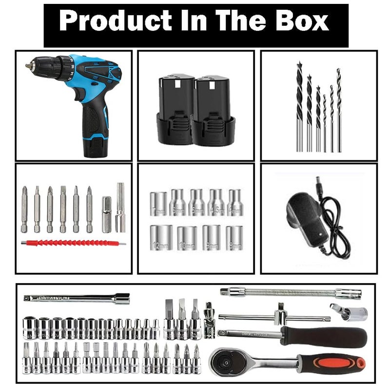 Galaxe 12V Cordless Drill Multi Function Charging Electric Hand Drill Home Industrial Electric Screwdriver with Hand Tool Kit Socket Set GLX12V46SS6 74pcs tool kit - Image 2