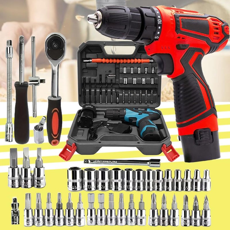 Galaxe 12V Cordless Drill Multi Function Charging Electric Hand Drill Home Industrial Electric Screwdriver with Hand Tool Kit Socket Set GLX12V46SS6 74pcs tool kit - Image 1