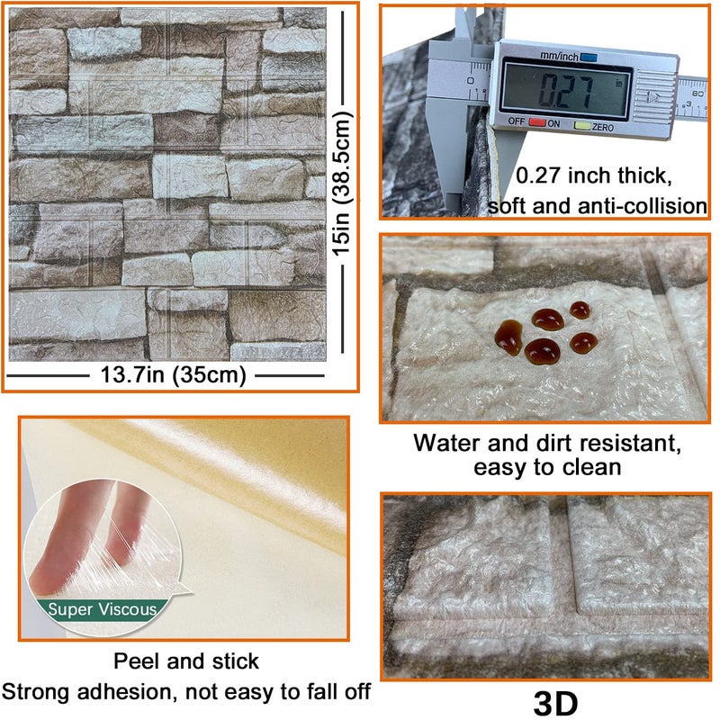 YLL YLL 10PCS 3D Wall Panels Peel and Stick 3D Brick Wallpaper Peel and Stick Faux Stone Wall Panel Foam Brick Self-Adhesive Wallpaper (Rock,10pcs) - Image 5