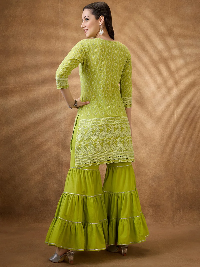 globus Women Green Sequinned Embroidered Scalloped Hem Straight Kurta With Gotta Lace Gharara Festive Set