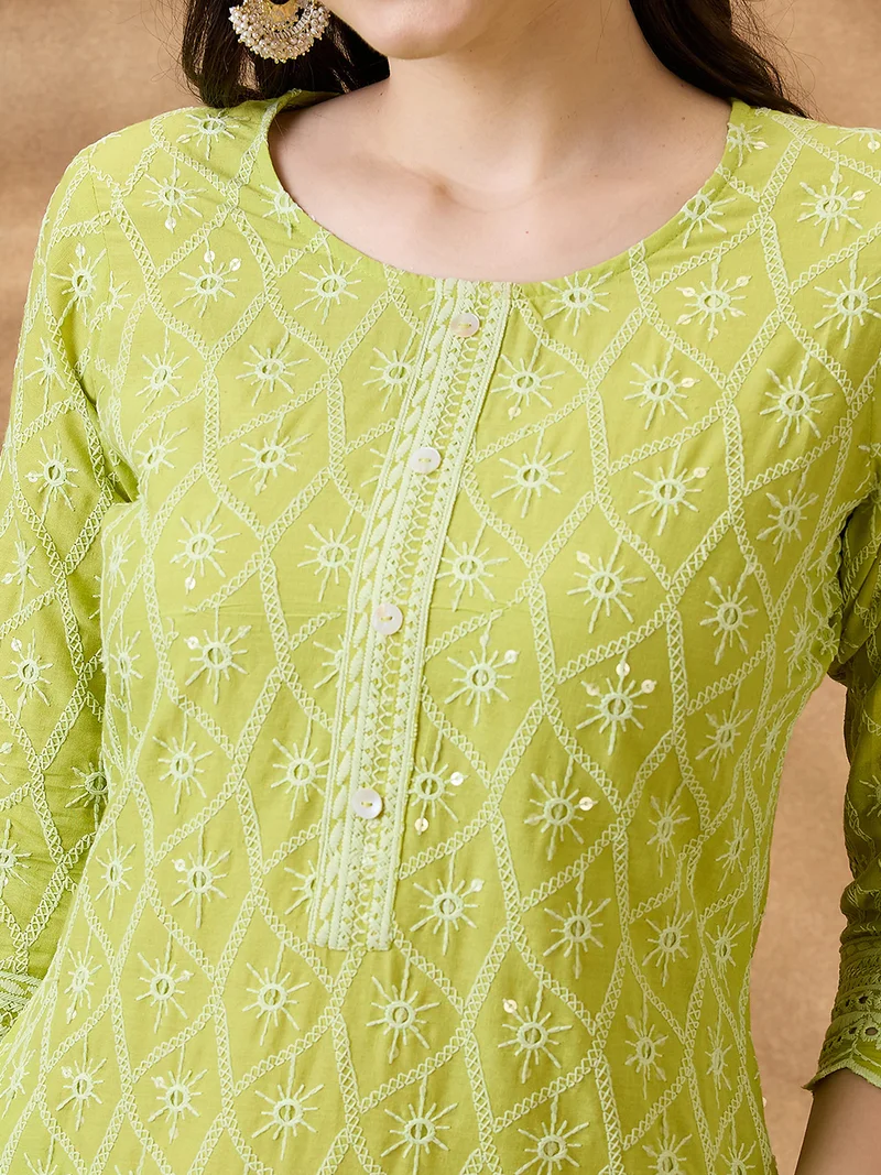 globus Women Green Sequinned Embroidered Scalloped Hem Straight Kurta With Gotta Lace Gharara Festive Set