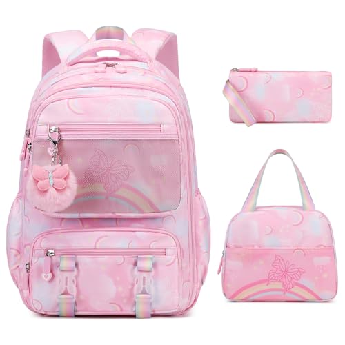 Scothen Backpack for Girls, Rainbow Butterfly Girls Backpacks with Lunch Bag Pencil Case Set, Kids Backpack Kindergarten Elementary Middle School Book Bag for Teen Girl Children Students - Image 1