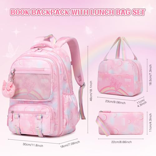 Scothen Backpack for Girls, Rainbow Butterfly Girls Backpacks with Lunch Bag Pencil Case Set, Kids Backpack Kindergarten Elementary Middle School Book Bag for Teen Girl Children Students - Image 2