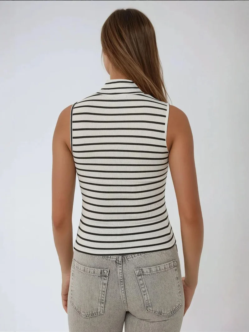Hiccup White Striped Ribbed Half Turtleneck Tank Top for Women | Best Price UAE