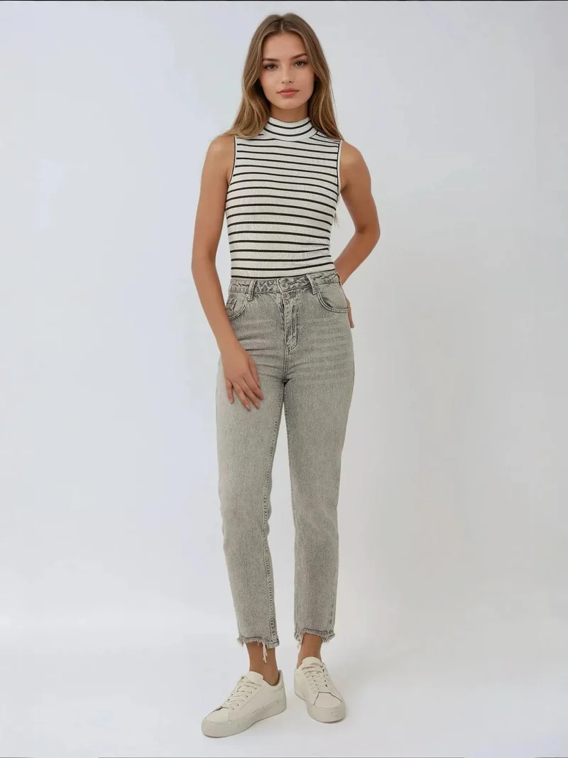 Hiccup White Striped Ribbed Half Turtleneck Tank Top for Women | Best Price UAE
