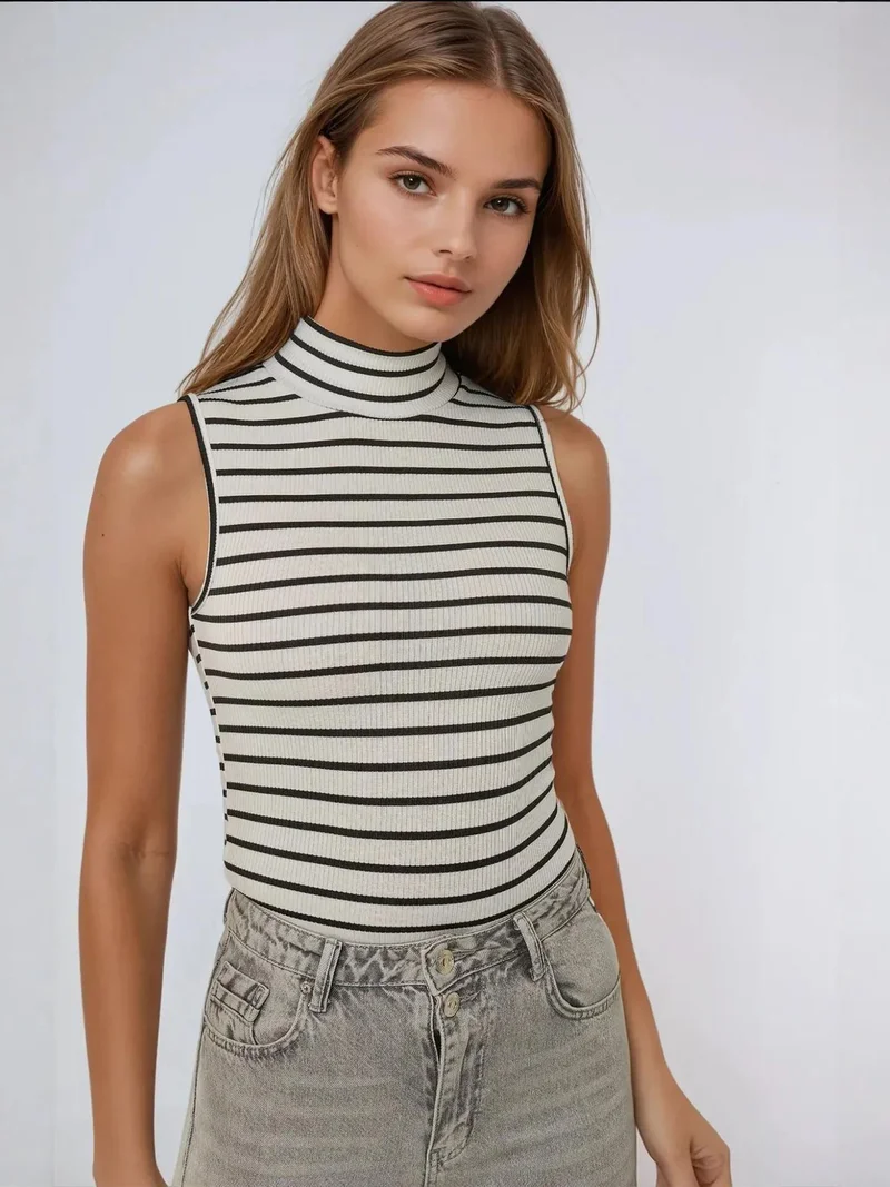 Hiccup White Striped Ribbed Half Turtleneck Tank Top for Women | Best Price UAE