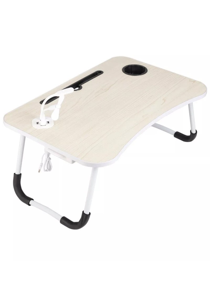 DubaiGallery Foldable Lap Desk for Bed, HONEIER Bed Tray Table with 4 USB Ports, Holder Slots, Cup Holder, Drawer, Laptop Desk Table with Mini Lamp, Fan, Wood Portable Table Stand for Laptop Tablet  - Image 4