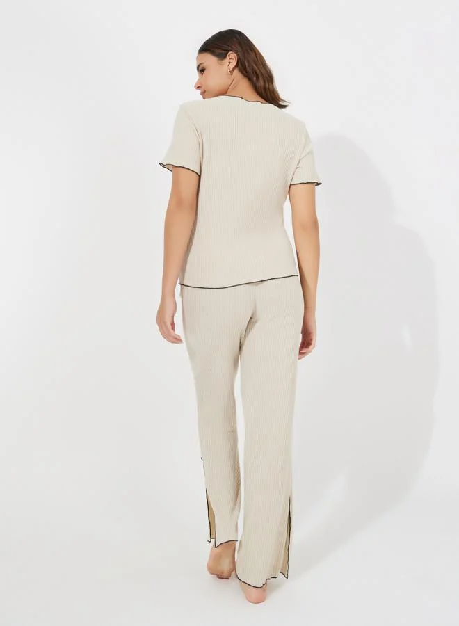 Styli Rib Button Down Contrast Edge Shirt & Side Slit Pyjama Set
