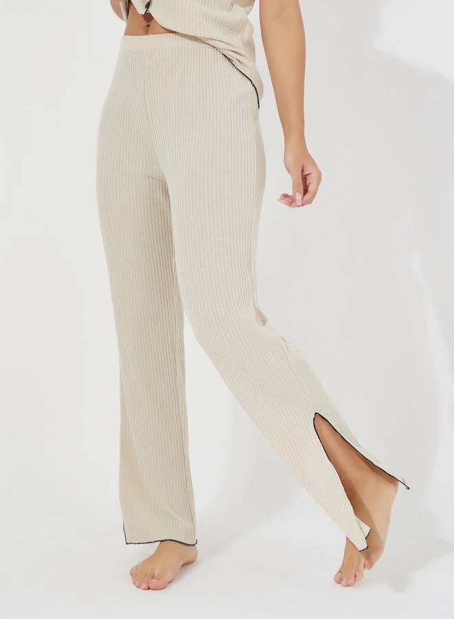 Styli Rib Button Down Contrast Edge Shirt & Side Slit Pyjama Set