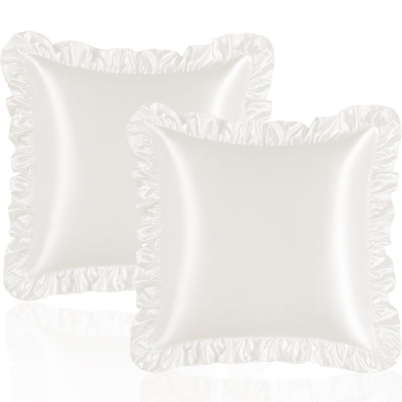 Eychei White Ruffle Pillow Shams Set of 2, 18 x 18 Inch Satin Ruffle Pillow Covers for Hair and Skin, Silky Pillowcase with Envelope Closure, Anti Wrinkle Ruffled Pillowcase for Sofa, Bed - Image 1