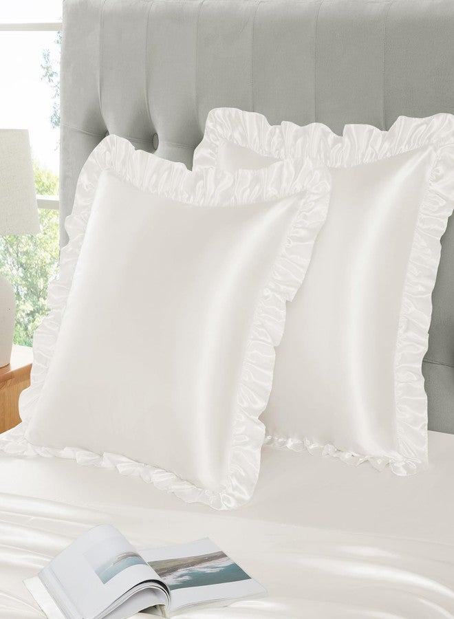 Eychei White Ruffle Pillow Shams Set of 2, 18 x 18 Inch Satin Ruffle Pillow Covers for Hair and Skin, Silky Pillowcase with Envelope Closure, Anti Wrinkle Ruffled Pillowcase for Sofa, Bed - Image 3