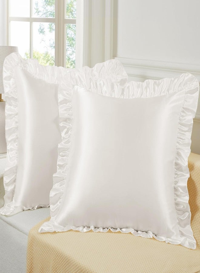 Eychei White Ruffle Pillow Shams Set of 2, 18 x 18 Inch Satin Ruffle Pillow Covers for Hair and Skin, Silky Pillowcase with Envelope Closure, Anti Wrinkle Ruffled Pillowcase for Sofa, Bed - Image 4