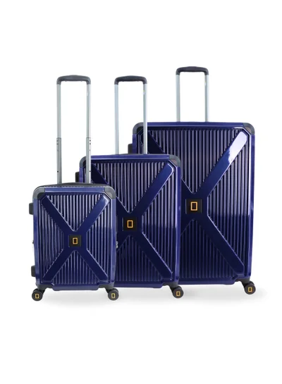 NATIONAL GEOGRAPHIC National Geographic Metallic PC Hardside Luggage Metallic Blue Trolley Set of 3, Lightweight Durable Anti-Theft Zipper TSA Lock, 4 Double Spinner Wheels Bag, Expandable Suitcase with Aluminum Telescopic Handle