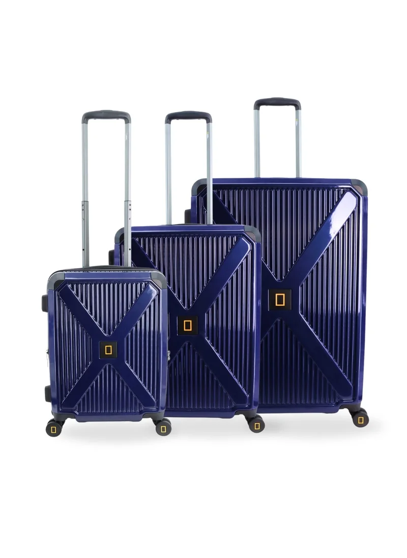 ناشيونال چيوغرافيك National Geographic Metallic PC Hardside Luggage Metallic Blue Trolley Set of 3, Lightweight Durable Anti-Theft Zipper TSA Lock, 4 Double Spinner Wheels Bag, Expandable Suitcase with Aluminum Telescopic Handle