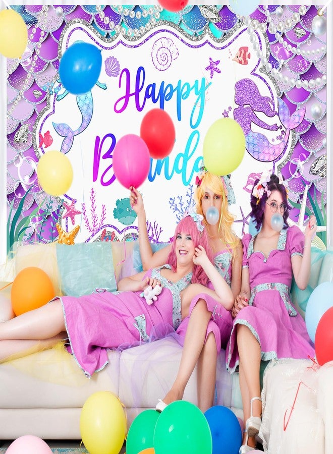 Lecheme Mermaid Birthday Backdrop Glitter Purple Mermaid Banner Happy Birthday Party Decorations for Girls Mermaid Photo Background 6x3.6 ft - Image 5