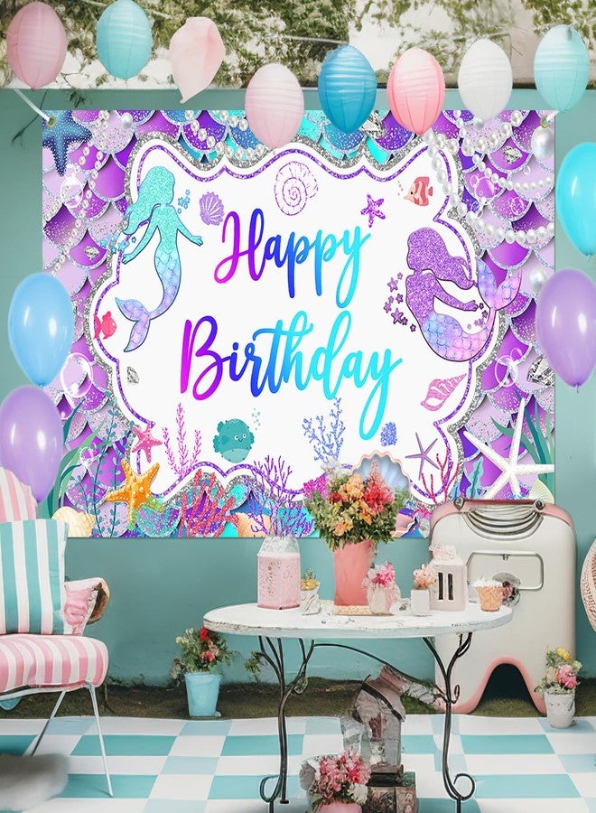 Lecheme Mermaid Birthday Backdrop Glitter Purple Mermaid Banner Happy Birthday Party Decorations for Girls Mermaid Photo Background 6x3.6 ft - Image 2