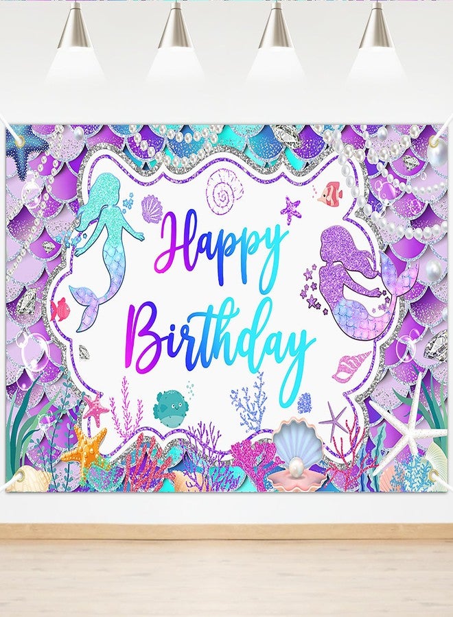 Lecheme Mermaid Birthday Backdrop Glitter Purple Mermaid Banner Happy Birthday Party Decorations for Girls Mermaid Photo Background 6x3.6 ft - Image 1