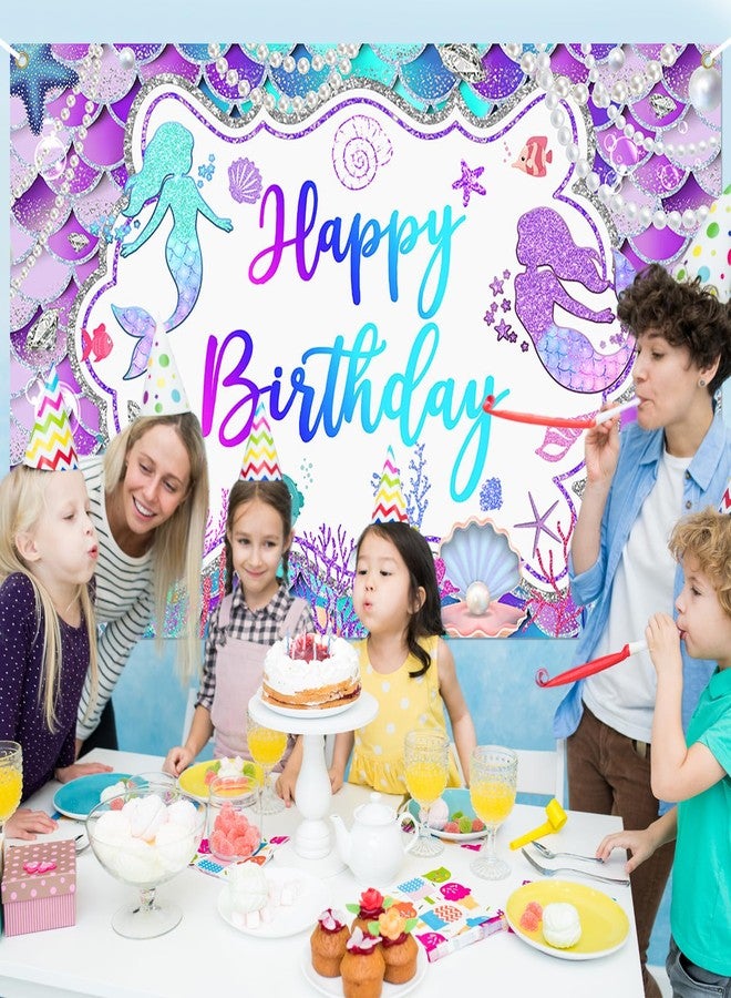 Lecheme Mermaid Birthday Backdrop Glitter Purple Mermaid Banner Happy Birthday Party Decorations for Girls Mermaid Photo Background 6x3.6 ft - Image 4